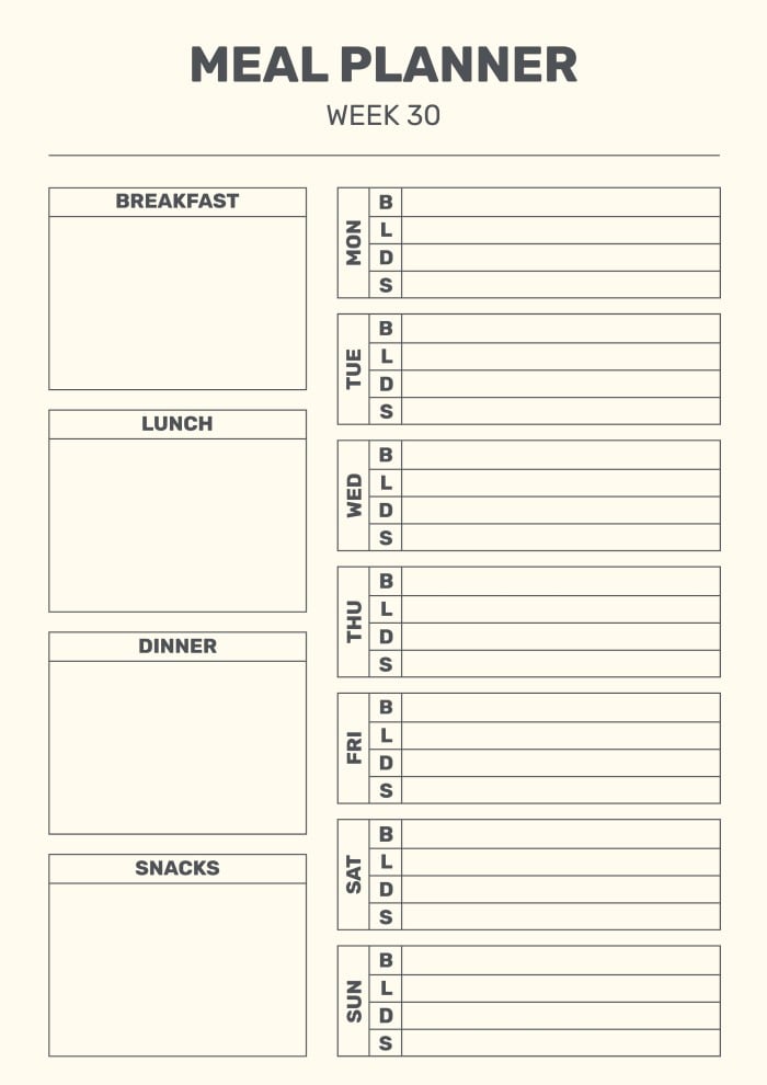 Simple Week 30 Menu Planner template